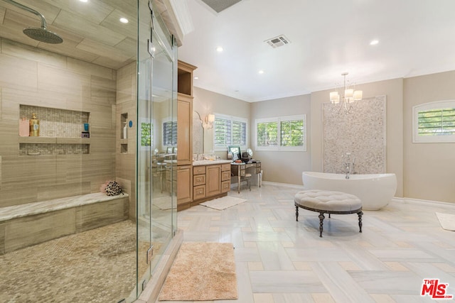 bathroom with vanity, plus walk in shower, and a chandelier