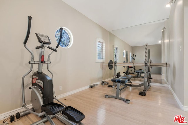 exercise room featuring light hardwood / wood-style flooring