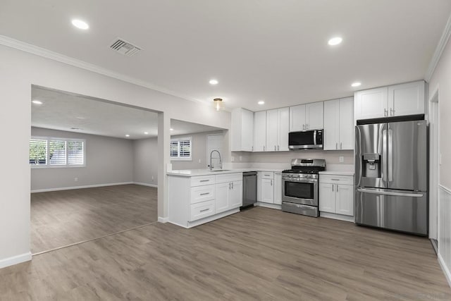 kitchen with sink, ornamental molding, stainless steel appliances, and white cabinets