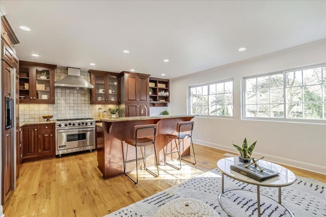 kitchen featuring light hardwood / wood-style floors, a kitchen island, decorative backsplash, designer stove, and wall chimney exhaust hood