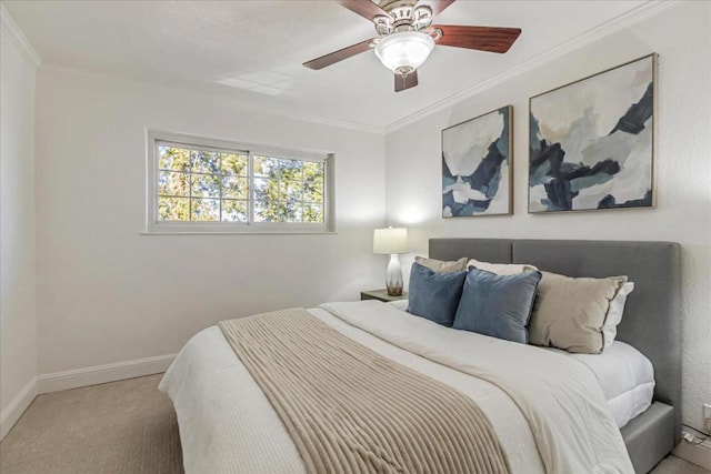 bedroom with crown molding, carpet floors, and ceiling fan