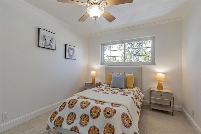 bedroom featuring light carpet, ornamental molding, and ceiling fan