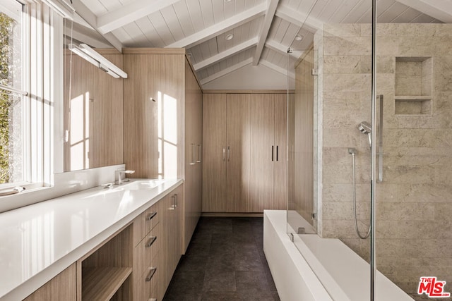 bathroom featuring vanity, vaulted ceiling with beams, wooden walls, and tiled shower