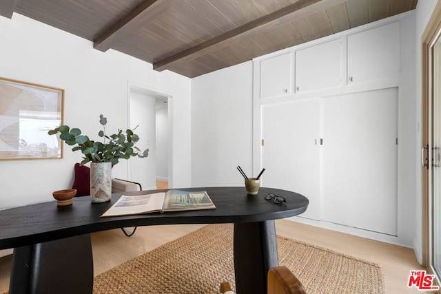 office space featuring beamed ceiling, wood ceiling, and light hardwood / wood-style floors