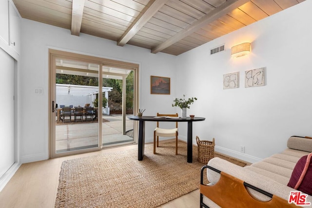 office area featuring wood ceiling, beam ceiling, and light wood-type flooring