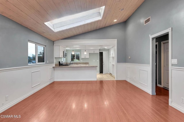 unfurnished living room featuring wood ceiling, lofted ceiling with skylight, and light hardwood / wood-style floors