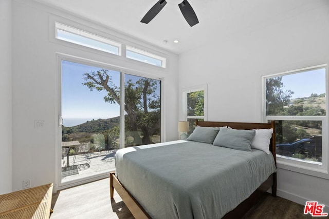 bedroom with multiple windows, wood-type flooring, ceiling fan, and access to outside