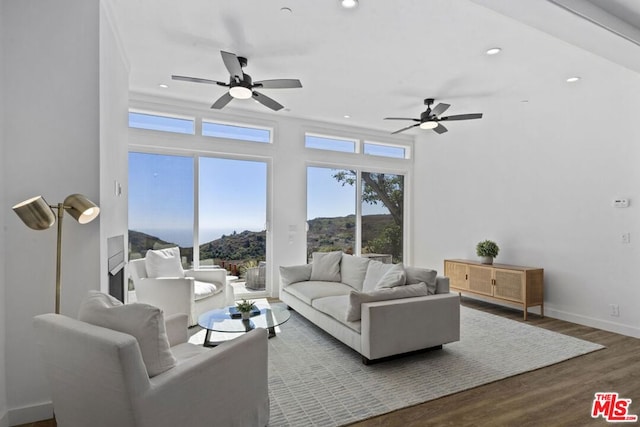 living room with hardwood / wood-style flooring and ceiling fan