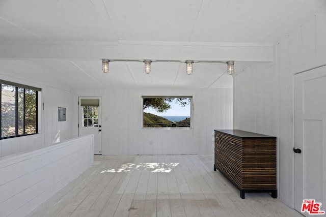 unfurnished room featuring light wood-type flooring and wood walls