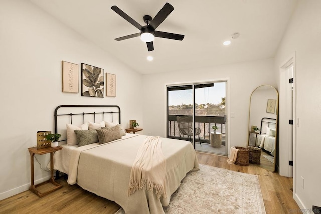 bedroom with access to exterior, vaulted ceiling, ceiling fan, and light wood-type flooring