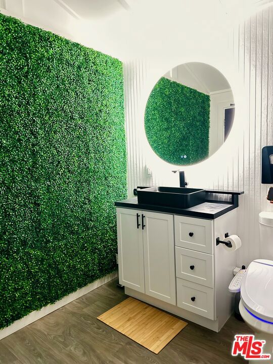 bathroom featuring vanity and hardwood / wood-style floors