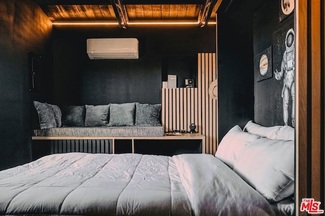 bedroom featuring wood ceiling, a wall mounted AC, and beamed ceiling