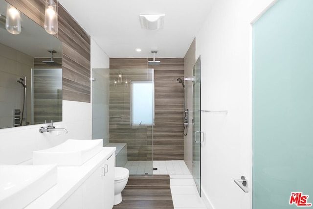 bathroom with walk in shower, vanity, and toilet