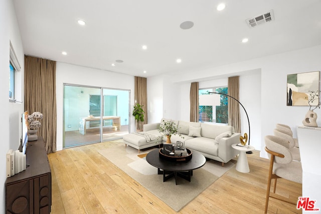 living room with light hardwood / wood-style flooring