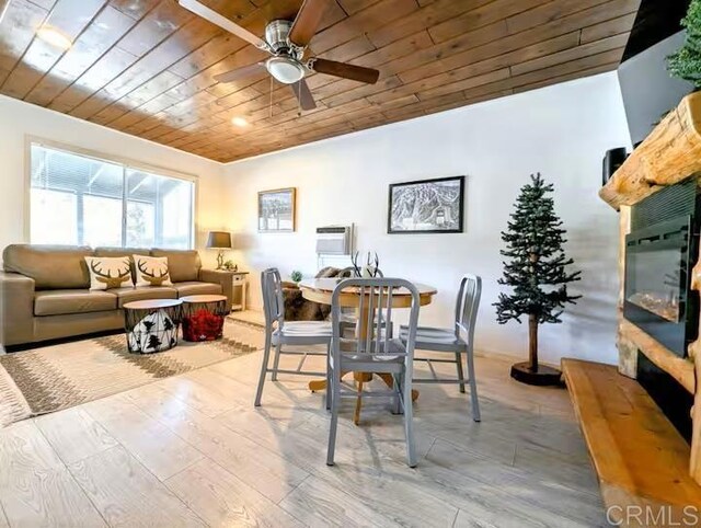 dining room with wood ceiling, light hardwood / wood-style floors, and ceiling fan