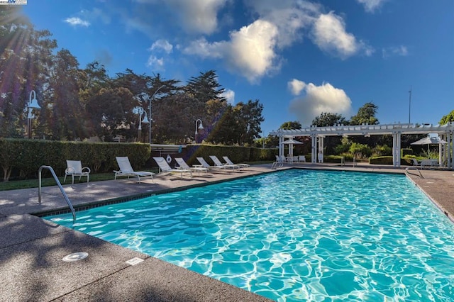 view of swimming pool with a patio and a pergola