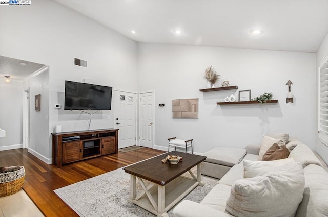 living room featuring dark hardwood / wood-style flooring and a high ceiling