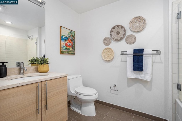 bathroom featuring walk in shower, tile patterned floors, toilet, and vanity