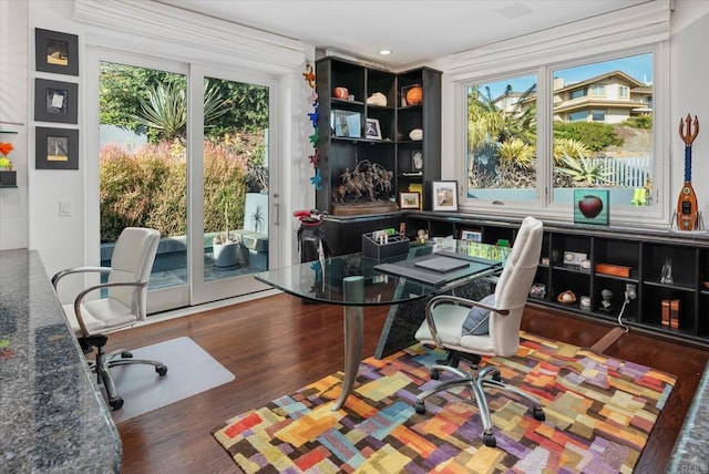 home office featuring dark hardwood / wood-style floors