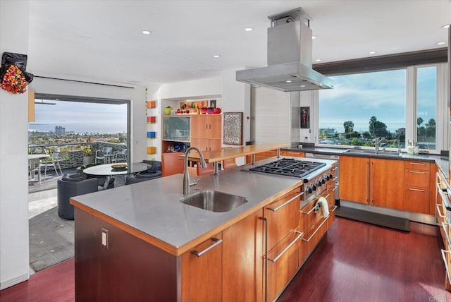 kitchen featuring island exhaust hood, sink, a kitchen island, and stainless steel gas cooktop