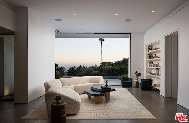 living room with built in shelves and a wall of windows