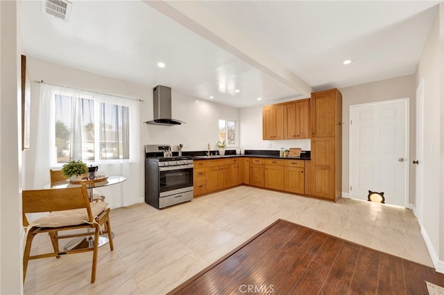 kitchen with gas range, plenty of natural light, sink, and wall chimney exhaust hood