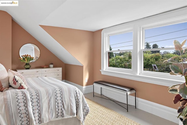 bedroom with lofted ceiling