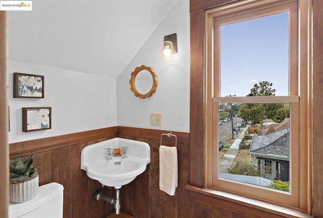 bathroom featuring a healthy amount of sunlight, toilet, and vaulted ceiling