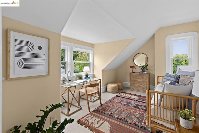 bedroom featuring vaulted ceiling