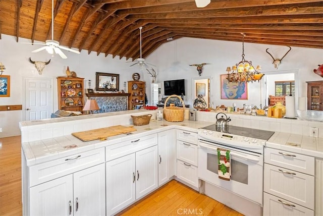 kitchen featuring lofted ceiling with beams, wooden ceiling, electric range, and kitchen peninsula