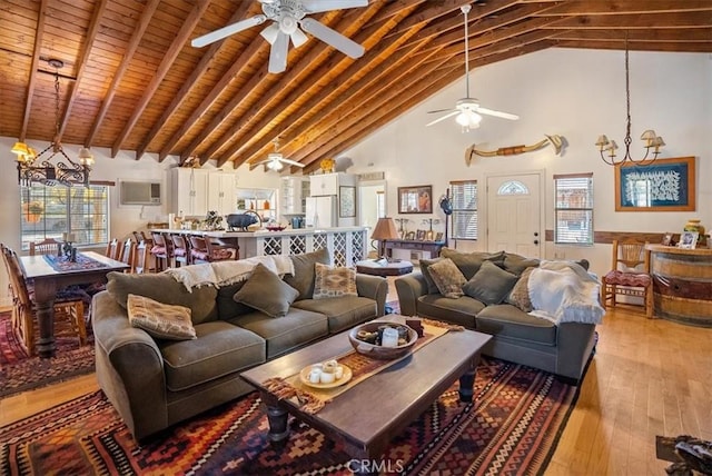 living room with ceiling fan, high vaulted ceiling, light hardwood / wood-style floors, and wooden ceiling