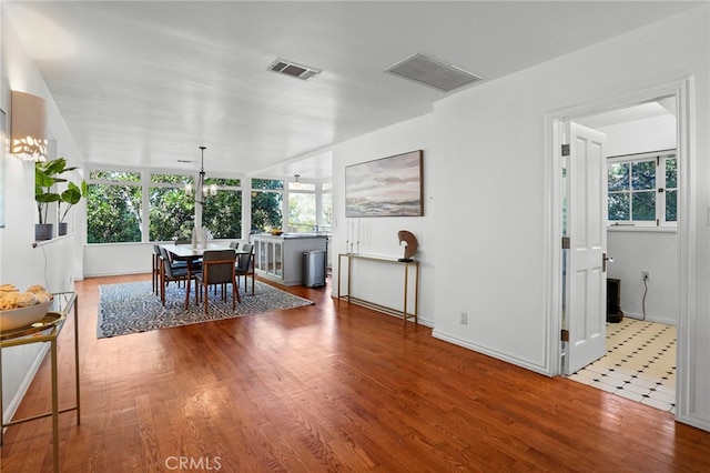 dining room with a notable chandelier, hardwood / wood-style flooring, and a healthy amount of sunlight