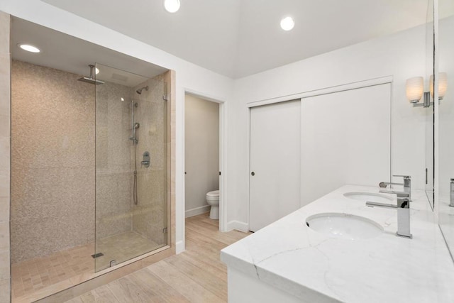 bathroom featuring wood-type flooring, toilet, an enclosed shower, and vanity