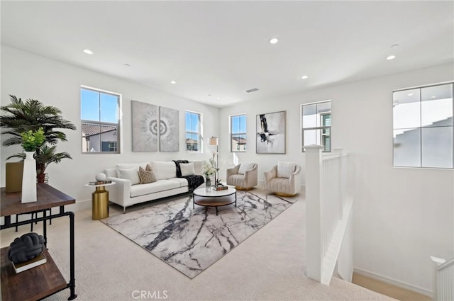 living room with light carpet