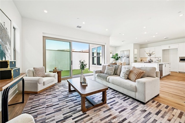 living room with sink and light wood-type flooring