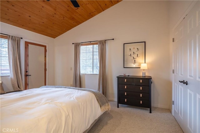 bedroom with light carpet, wooden ceiling, ceiling fan, and lofted ceiling