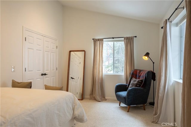 carpeted bedroom with lofted ceiling and a closet