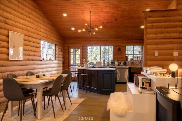 dining space with lofted ceiling, light wood-type flooring, log walls, wooden ceiling, and an inviting chandelier