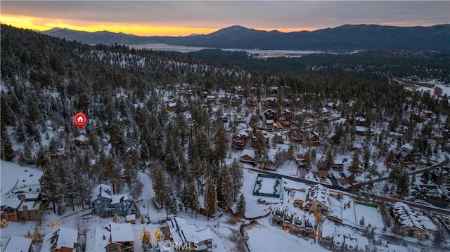 snowy aerial view with a mountain view