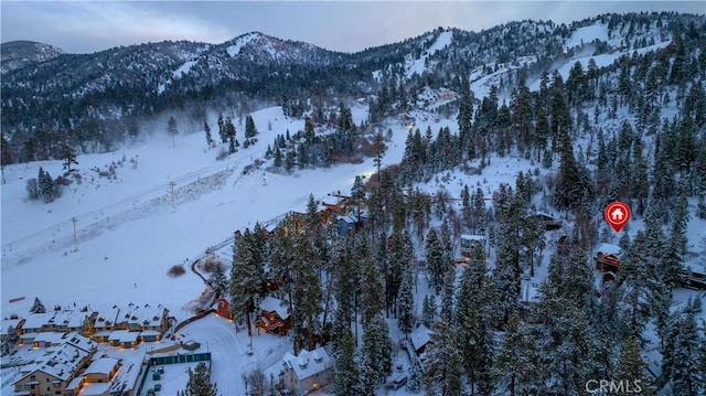 snowy aerial view featuring a mountain view