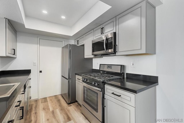 kitchen featuring stainless steel appliances, a raised ceiling, sink, and light hardwood / wood-style flooring