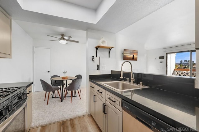 kitchen with ceiling fan, appliances with stainless steel finishes, sink, and light hardwood / wood-style flooring