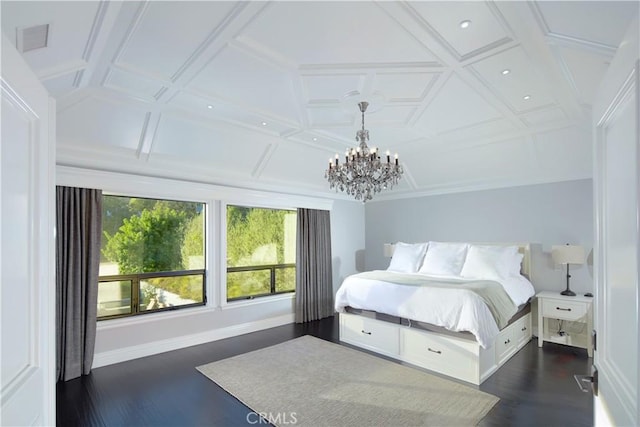 bedroom featuring beamed ceiling, coffered ceiling, a notable chandelier, and dark hardwood / wood-style floors