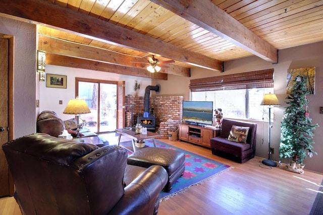 living room featuring a wood stove, ceiling fan, wood ceiling, light hardwood / wood-style floors, and beam ceiling