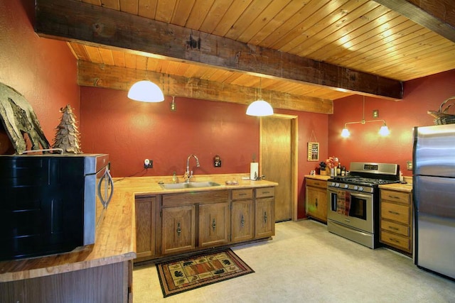 kitchen with sink, wood ceiling, hanging light fixtures, appliances with stainless steel finishes, and beamed ceiling