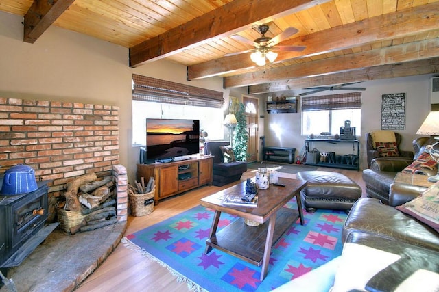 living room featuring a wood stove, wood ceiling, beam ceiling, and light wood-type flooring