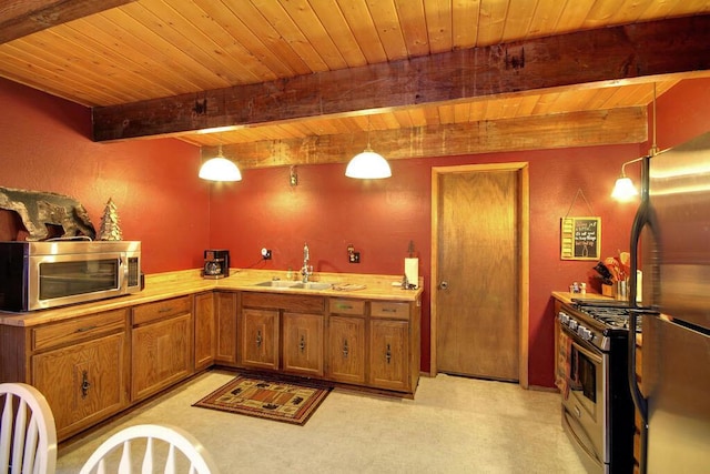 kitchen with sink, beamed ceiling, wood ceiling, appliances with stainless steel finishes, and pendant lighting