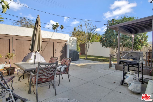 view of patio / terrace with a storage shed