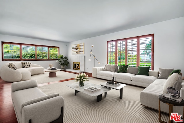 living room featuring wood-type flooring, a large fireplace, and a wealth of natural light