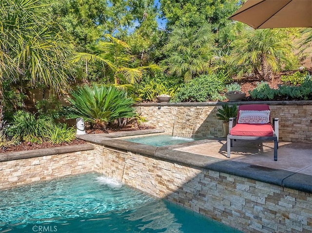 view of pool with pool water feature, an in ground hot tub, and a patio